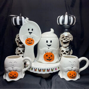Halloween Happy Ghost w/ Pumpkin Pal Ceramic XL Cookie Jar - 2 Mugs & Spoon Rest